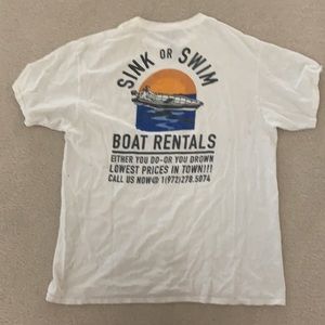 Sink or swim boat rental white shirt, says large but is more of a medium.